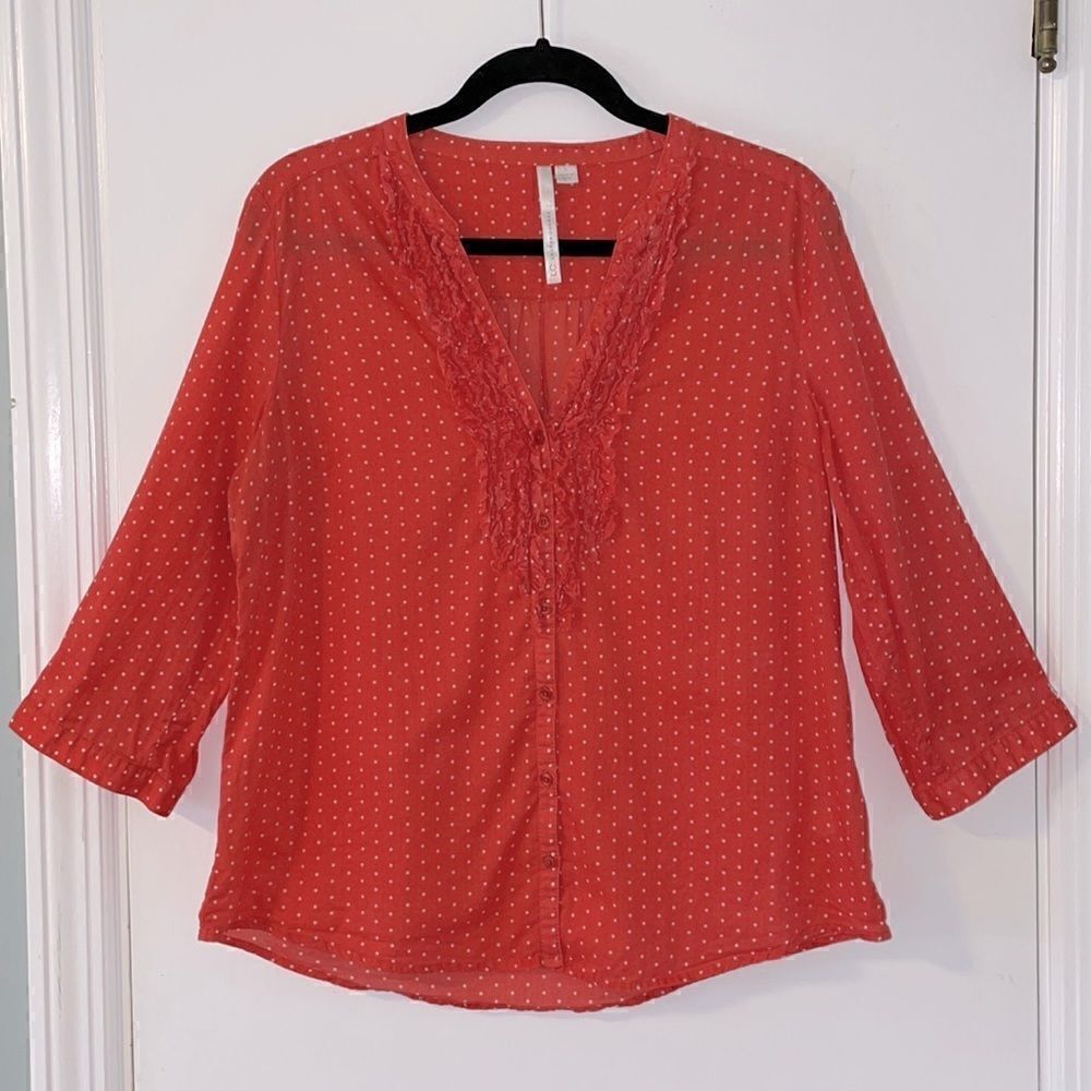 Lauren Conrad orange & white dot V-neck button front convertible sleeve Large